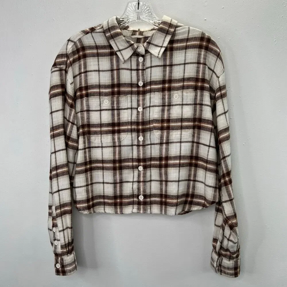 American Eagle Flannel Shirt Cropped XS Women Brown Beige 100% Cotton Neutral - Picture 2 of 6